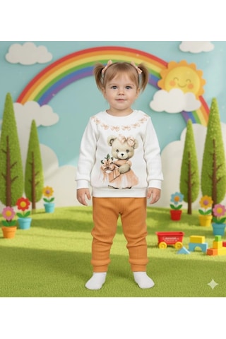 Kız Bebek Ayıcık Baskılı Çıt Çıtlı Alt Üst İkili Gündelik Takım Hardal