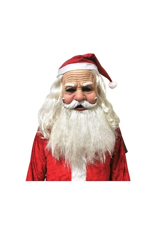 Kırmızı Noel Şapkası Ve Sakallı Lateks Gerçekçi Noel Baba Maskesi