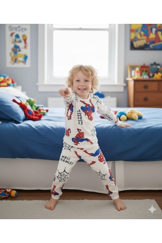 Bunny Hopp Desenli Erkek Çocuk Pijama Takımı %100 Pamuk Mevsimlik Bisiklet Yaka Manşetli BEYAZ