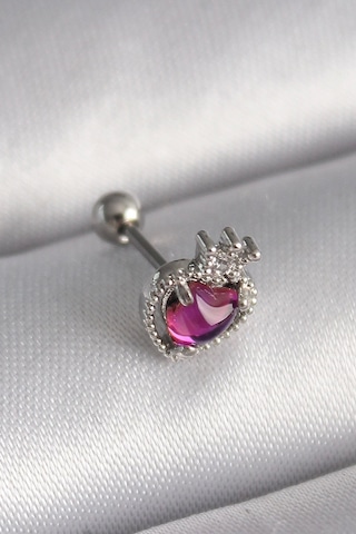 Ceylan Adam 316l Çelik Gümüş Renk Pembe Mineli Kalp Zirkon Taş Detaylı Taç Tragus Piercing Çok Renkli