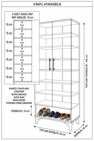 Ahşap Ayaklı 8 Raf 2 Kapak Çok Amaçlı Dolap Büyük Ayakkabılık Dresuar 24 Çift Ayakkabı Beyaz