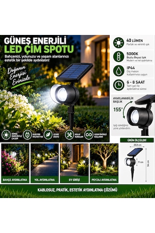Solar Led Bahçe Spotu 40 Lümen 5000k Beyaz Işık Kazıklı Çim Ve Peyzaj Aydınlatma