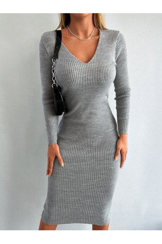 Nnstartshopping Kadın Uzun Kollu V Yaka Triko Elbise Gri