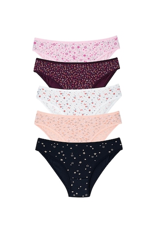 Karışık Renkli 5'li Paket Kadın Desenli Külot Pamuklu Likralı Esnek Kumaş Desenli