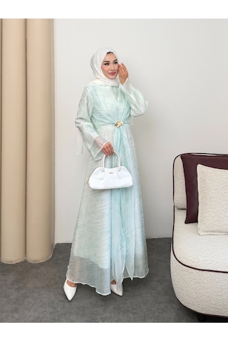 Mihran Butik Silk Model Kemerli Bilek Büzgü Desen Detaylı Kadın Elbise Mint