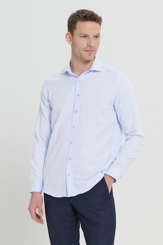 AC&Co / Altınyıldız Classics Erkek Mavi Kolay Ütülenebilir Slim Fit Dar Kesim İtalyan Yaka Armürlü Gömlek Mavi