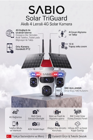 Sabio Solar Triguard 4 Lensli 4g Sim Kartlı Solar Panelli Güvenlik Kamerası