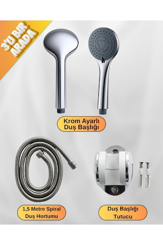 Setti Docia Supor Krom Duş Seti, 5 Kademe Ayarlı Başlık, Mafsal, Spiral Hortum