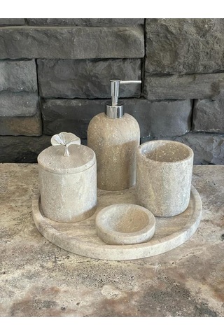 Yeni Silver Gümüş Traverten Mermer 5'li Banyo Seti Beyaz