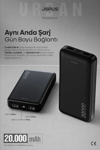 Jopus 20000mah Powerbank - Led Işık Göstergeli - Taşınabilir Şarj Cihazı Siyah