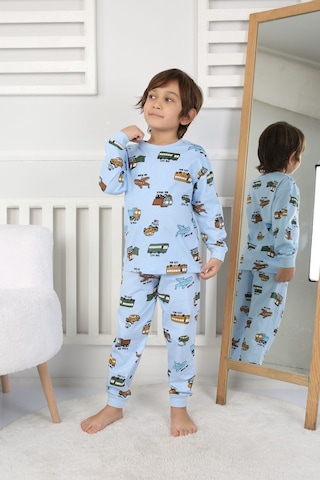 Zuzunga Transportation Veichle Desenli Çocuk Pijama Takımı Alt-üst Bej 3-8 Yaş Mavi
