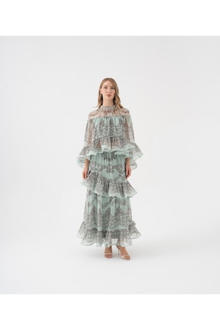 Dantel Desenli Katlı Şifon Volanlı Bluz Mint