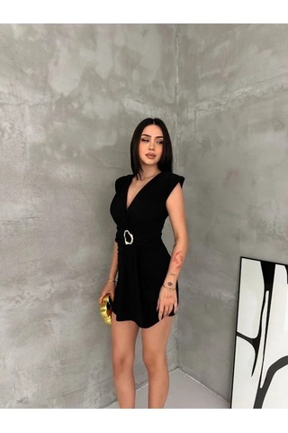 Valensdesign Kruvaze Drapeli Tokalı Mini Elbise Şık Gece Davet Abiye - Siyah