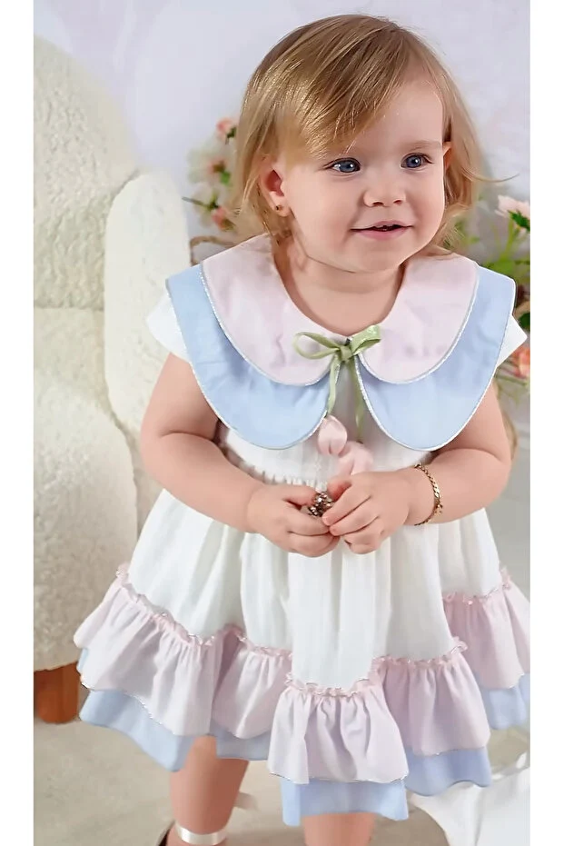 Momercy Çift Yakalı Lale Detaylı Fırfırlı Tokalı Kız Bebek Elbise Ekru