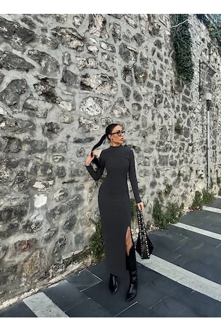 Yırtmaçlı Kalın Bürümcük Uzun Elbise Siyah Siyah