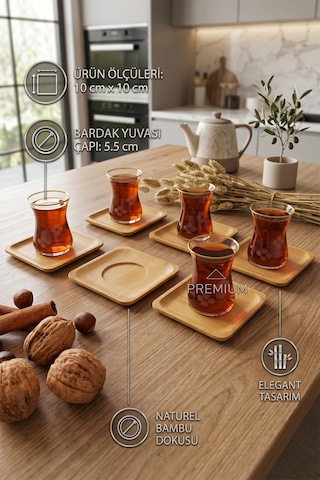 Ahşap Çay Tabağı 6 Lı Set Bardak Fincan Kupa Altlığı Kare Ahşap