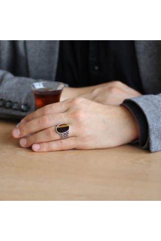 925 Ayar Gümüş Örgü Desen Düz Kaplan Gözü Taşlı Erkek Yüzük - 516126941