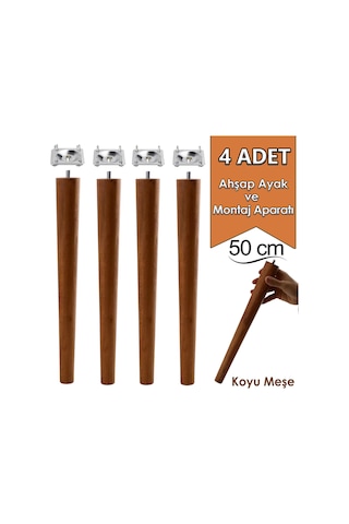 4 Adet Ahşap Ayak 50 Cm Koyu Meşe M8 Civatalı Bağlantı Aparatlı Mobilya Tabure Sehpa Masa Destek Ayağı Koyu Meşe