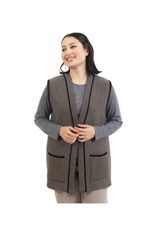 Kadın Orta Yaş ve Üzeri Triko Örgü Minik Baklava Desen Düğmesiz Anne Yelek 332 - L Siyah