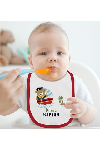 BK Kids Kişiye Özel Sevimli Kaptan Tasarımlı Kırmızı Bebek Mama Ö Kırmızı