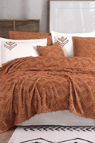 İyi Geceler İstanbul Aztec Kiremit Çift Kişilik %100 Pamuk Yatak Örtüsü Seti Kiremit