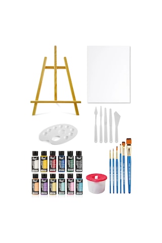 Mastermix Akrilik Boya Seti 6 Ana Renk 6 Pastel Renk Masaüstü Şövale Tuval Seti 35x50 Plastik Spatül Çok Renkli