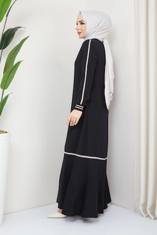 Siyah Kol Ribanalı Şeritli Medine Ipeği Ferace Siyah