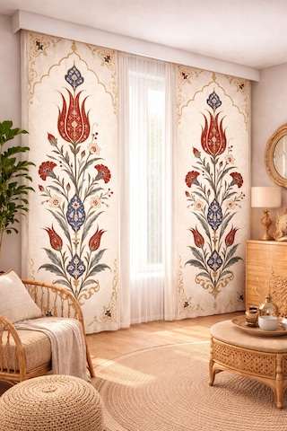 140x260 Ölçüsünde 2 Adet Bohem Fon Perde. Boho Tarz Koleksiyon Ürünü. Çok Renkli Bej