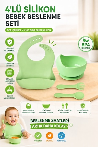 Jojobebek Çocuk Silikon Mama Önlüğü, Silikon Vakumlu Kase, Silikon Kaşık Ve Çatal / Yeşil