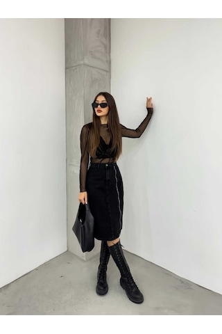 Shevega Kadın Siyah Ön Fermuar Detayli Kot Etek Siyah