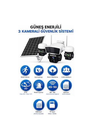 Rx95g Solar Güvenlik Kamerası Türkçe 4g Sim Kartlı Ptz Hareketli Gece Görüşlü Güneş Panelli Kamera 1 Yıl 120gb Dahil