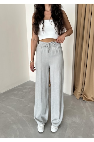 Gri %100 Keten Palazzo Pantolon Gri