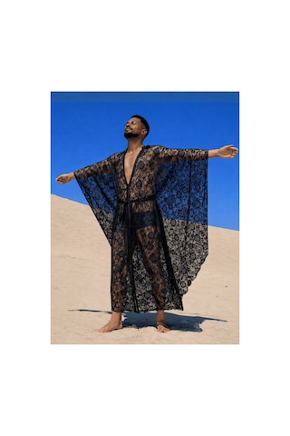 Qmen Style Erkek Plaj Kaftanı Siyah Lace Dandel Siyah