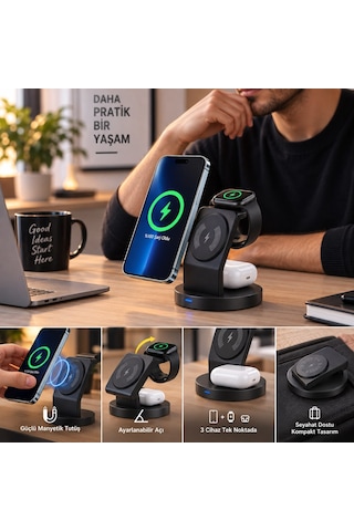 İphone 14 Pro Max Uyumlu 3 Ü 1 Arada Manyetik Kablosuz Şarj Standı Telefon, Akıllı Saat Ve Kulaklık Şarj İstasyonu Siyah