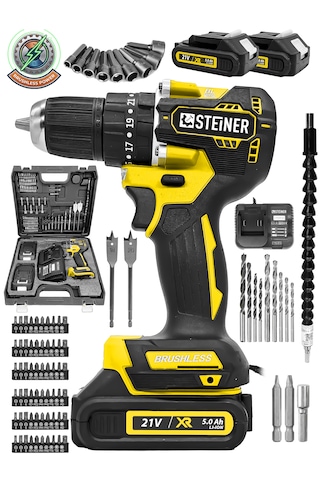 Steiner 21 V Darbeli Profesyonel Kömürsüz Motor Metal Şanzıman Çift Akülü Şarjlı Vidalama Matkap 84 Parça Sarı