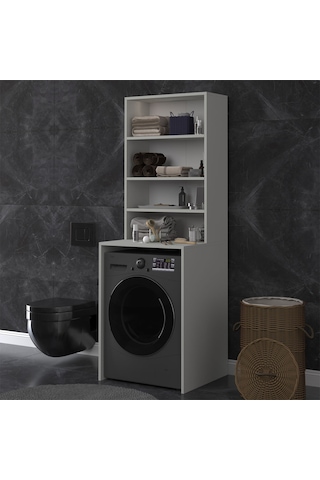 Asra Trend Çamaşır Makinesi Üstü Banyo Dolabı BD-04 %100 MDF 4 Katlı Organizer Raf Kül Gri