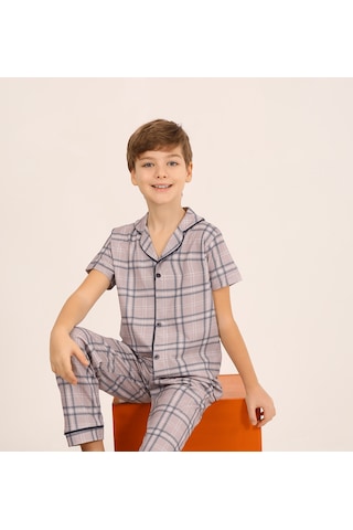 Vitmo Erkek Çocuk Kısa Kollu Düğmeli %100 Pamuklu Pijama Takımı Cooper Gri