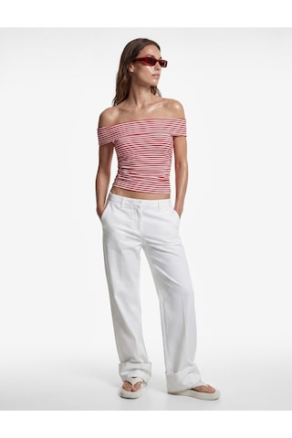 Koton Koton X Sibil Çetinkaya - Slim Fit Drape Detaylı Çizgili Omzu Açık Bluz Kırmızı Çizgili 6sak10105uk