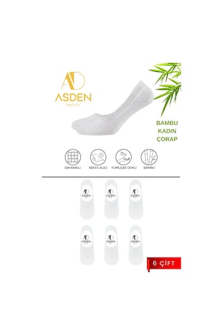 Asden Bambu Kadın Babet Beyaz 6'lı Paket, Dikişsiz, Kaydırmaz Silikonlu Topuk Çok Renkli