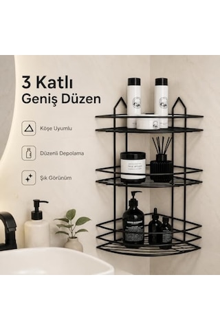 Katlı Siyah Paslanmaz Duvar Veya Tezgah Üstü Köşe Rafı Köşelik Rafı Kahve Rafı Delme Gerektirmez Yapışkanlı Çok Renkli
