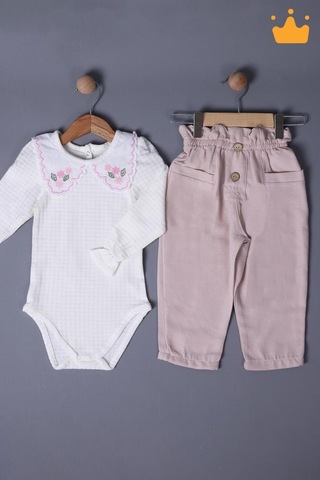 Babyhola 1-3 Yaş Kız Bebek Çocuk Çıtçıtlı Badi Pantolon Şık Alt Üst 2'li Takım Bayramlık 2327 Beyaz