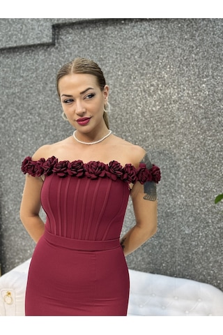E&a Eren Abiye Bebe Mavisi Madonna Yaka Cıcek Detaylı Balık Elbıse Bordo