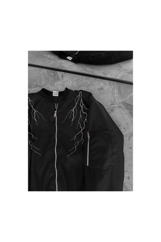 Butik İstanbul Yıldırım Baskılı Uzun Kol Bomber Ceket - Siyah