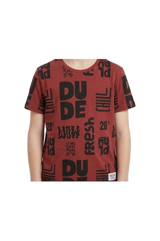 Erkek Çocuk Yazı Görselli - Geniş Kesim T-shirt 8-12 Yaş 12557 Kiremit