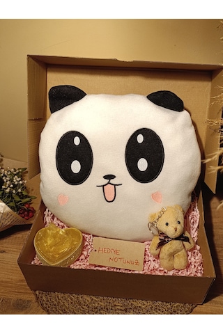 Kutulu Hediye Seti / Panda Yastık 35cm, Ayıcık Anahtarlık Ve Kalp Şeklinde Tüllü Kutu
