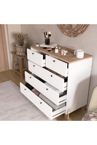 Robin Home Alaska Şifonyer 5 Çekmece Ahşap Ayaklı Sepet-beyaz Beyaz