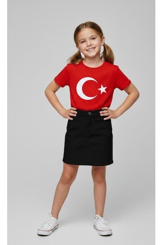 Nacar Store Kız Çocuk Ayyıldız Bayrak Baskılı T-shirt Ve Keten Etek Takım 23 Nisan-özel Bayramlar Kırmızı-siyah