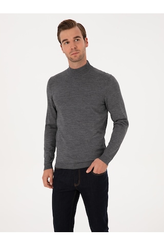 Cacharel Füme Slim Fit Yün Karışımlı Yarım Balıkçı Basic Triko Kazak Gri