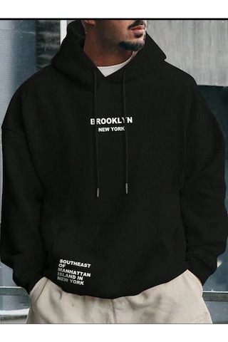 Kapüşonlu Oversize Sweatshirt Siyah Brooklyn Newyork Siyah