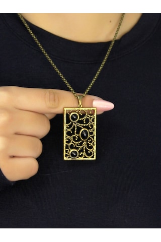 Doğal Taş Oniks 3'lü Doğal Taşlı Antik Kadın Kolye Euk45o Siyah